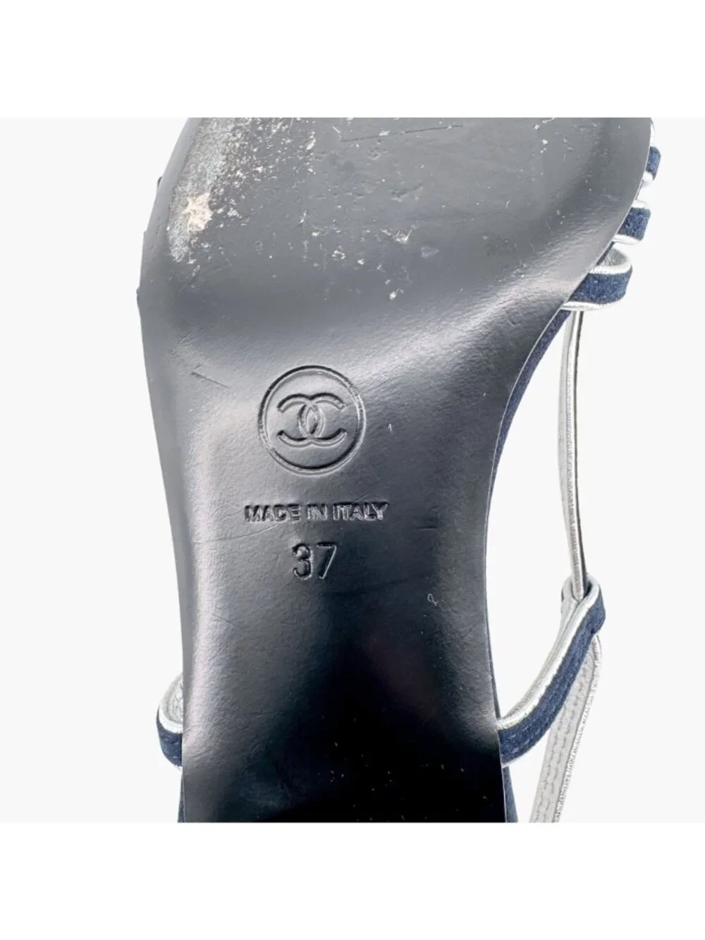 Chanel CC Strappy Slingback Sandals Block Heel Navy Blue Silver Size 37 US 6-6.5